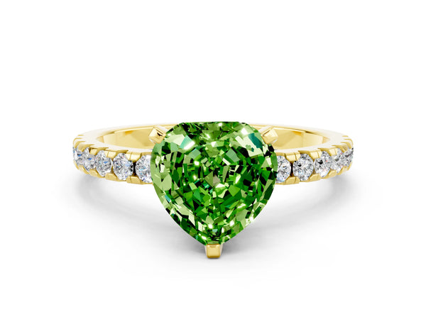 Yellow gold Heart Cut Peridot Solitaire Ring with Round  Pavé Band and Four-Prong Setting
