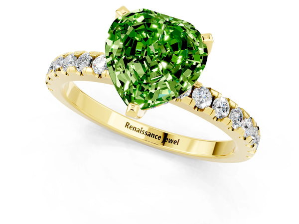 Yellow gold Heart Cut Peridot Solitaire Ring with Round  Pavé Band and Four-Prong Setting