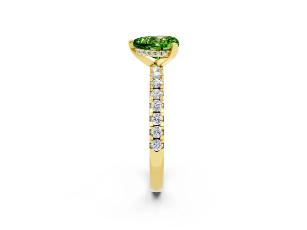 Yellow gold Heart Cut Peridot Solitaire Ring with Round  Pavé Band and Four-Prong Setting
