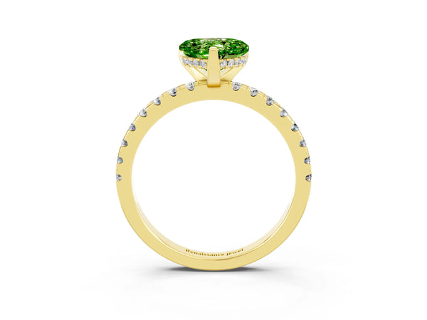 Yellow gold Heart Cut Peridot Solitaire Ring with Round  Pavé Band and Four-Prong Setting