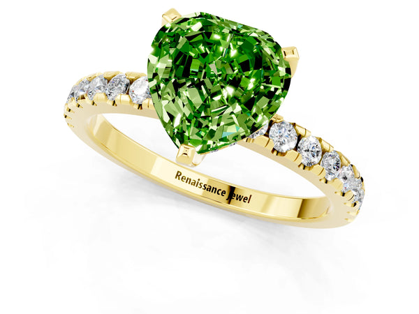 Yellow gold Heart Cut Peridot Solitaire Ring with Round Pavé Band and Four-Prong Setting
