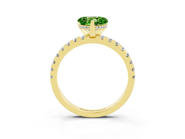 Yellow gold Heart Cut Peridot Solitaire Ring with Round Pavé Band and Four-Prong Setting