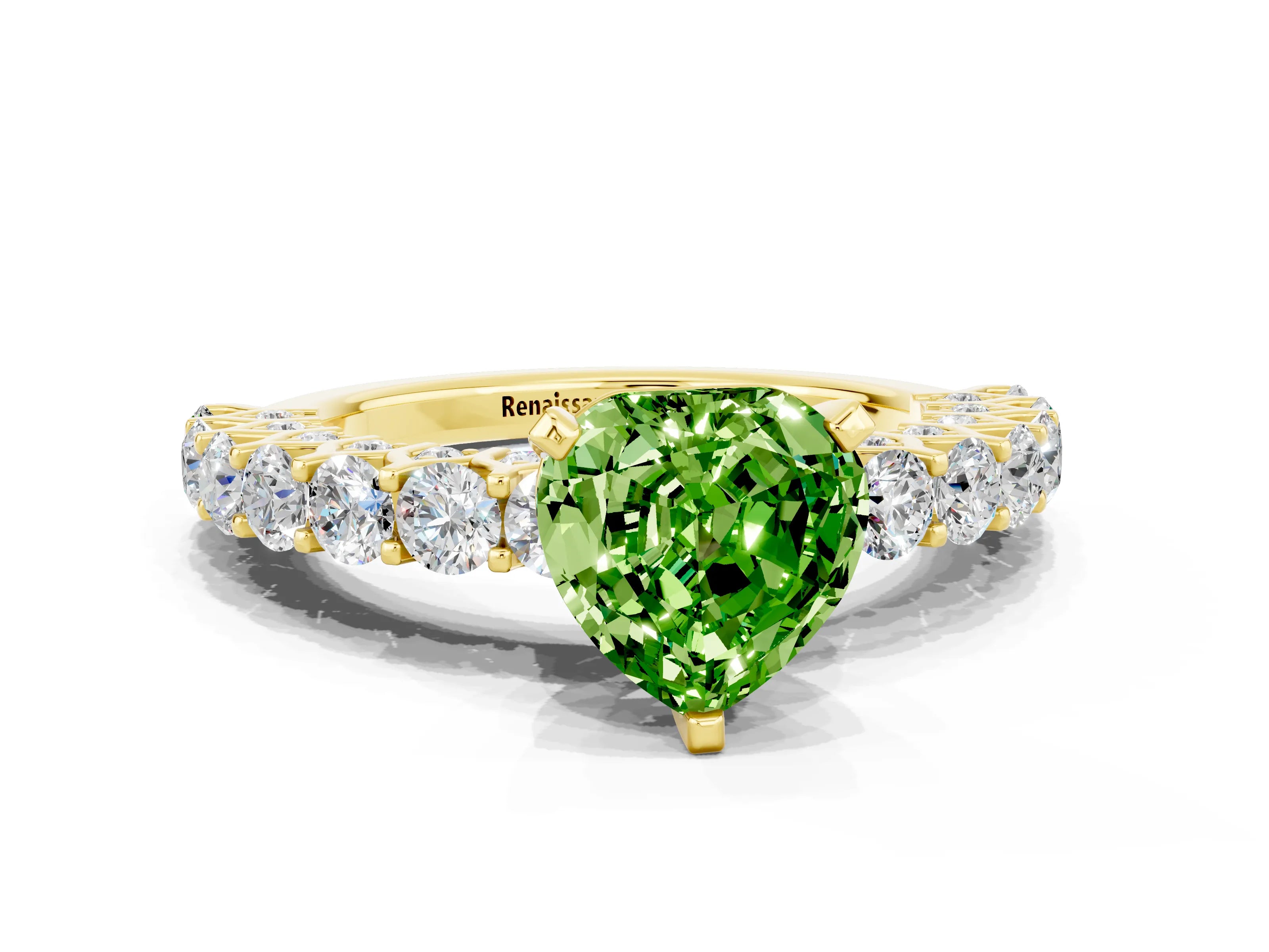 Yellow gold Heart Cut Peridot Solitaire Ring with Shared Prong Pavé Band and Four-Prong Setting_12