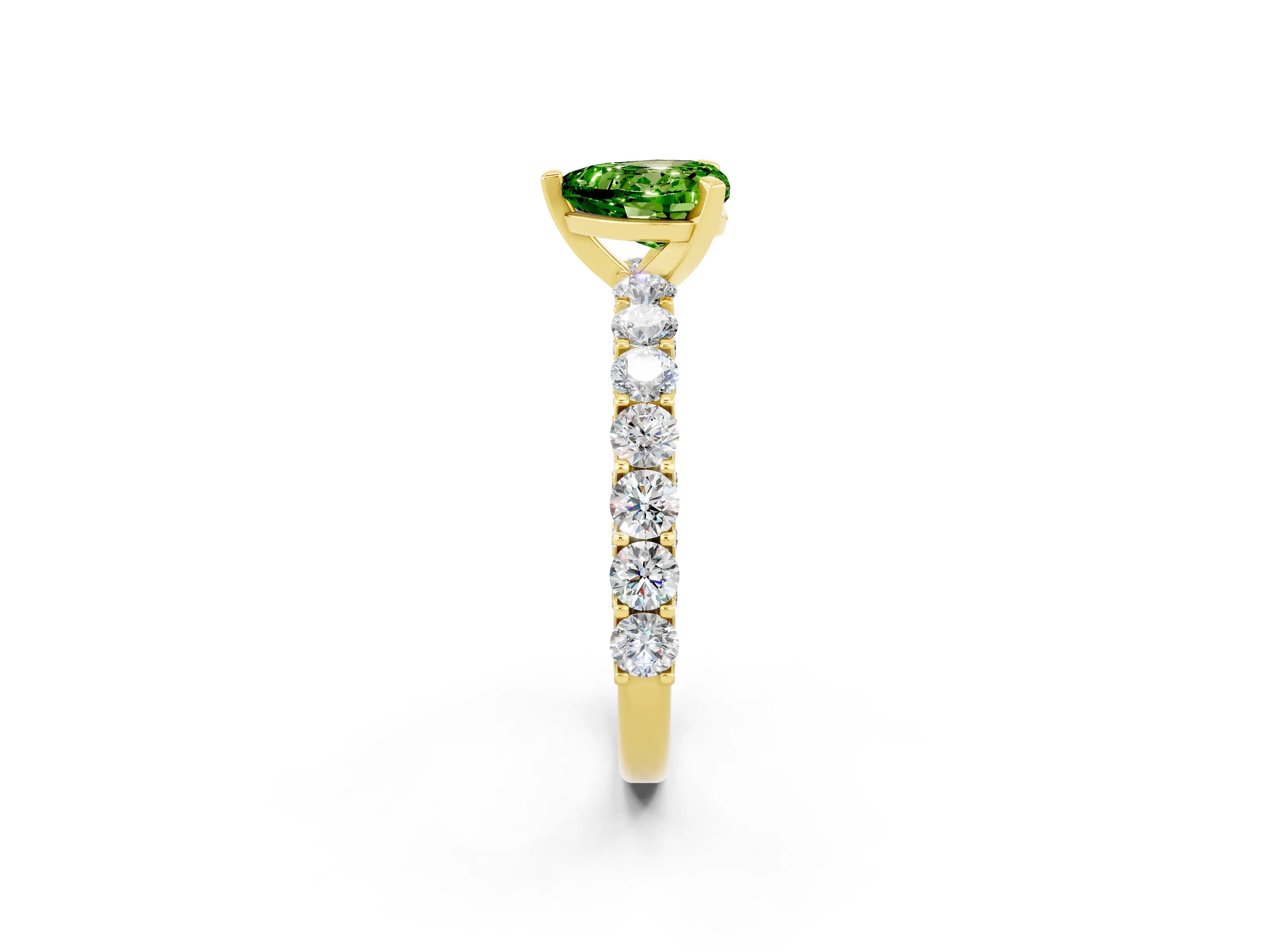 Yellow gold Heart Cut Peridot Solitaire Ring with Shared Prong Pavé Band and Four-Prong Setting_14
