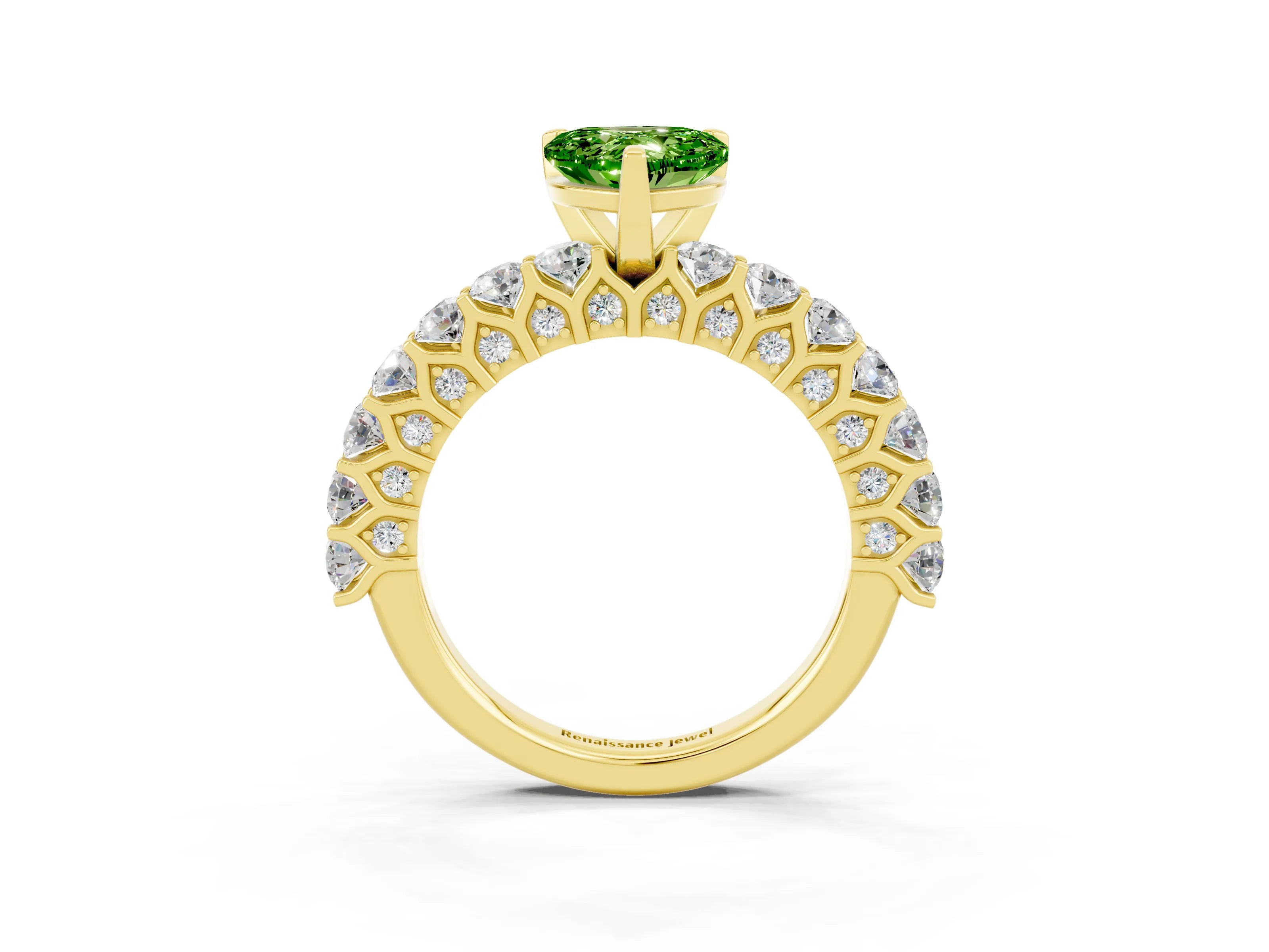 Yellow gold Heart Cut Peridot Solitaire Ring with Shared Prong Pavé Band and Four-Prong Setting_15