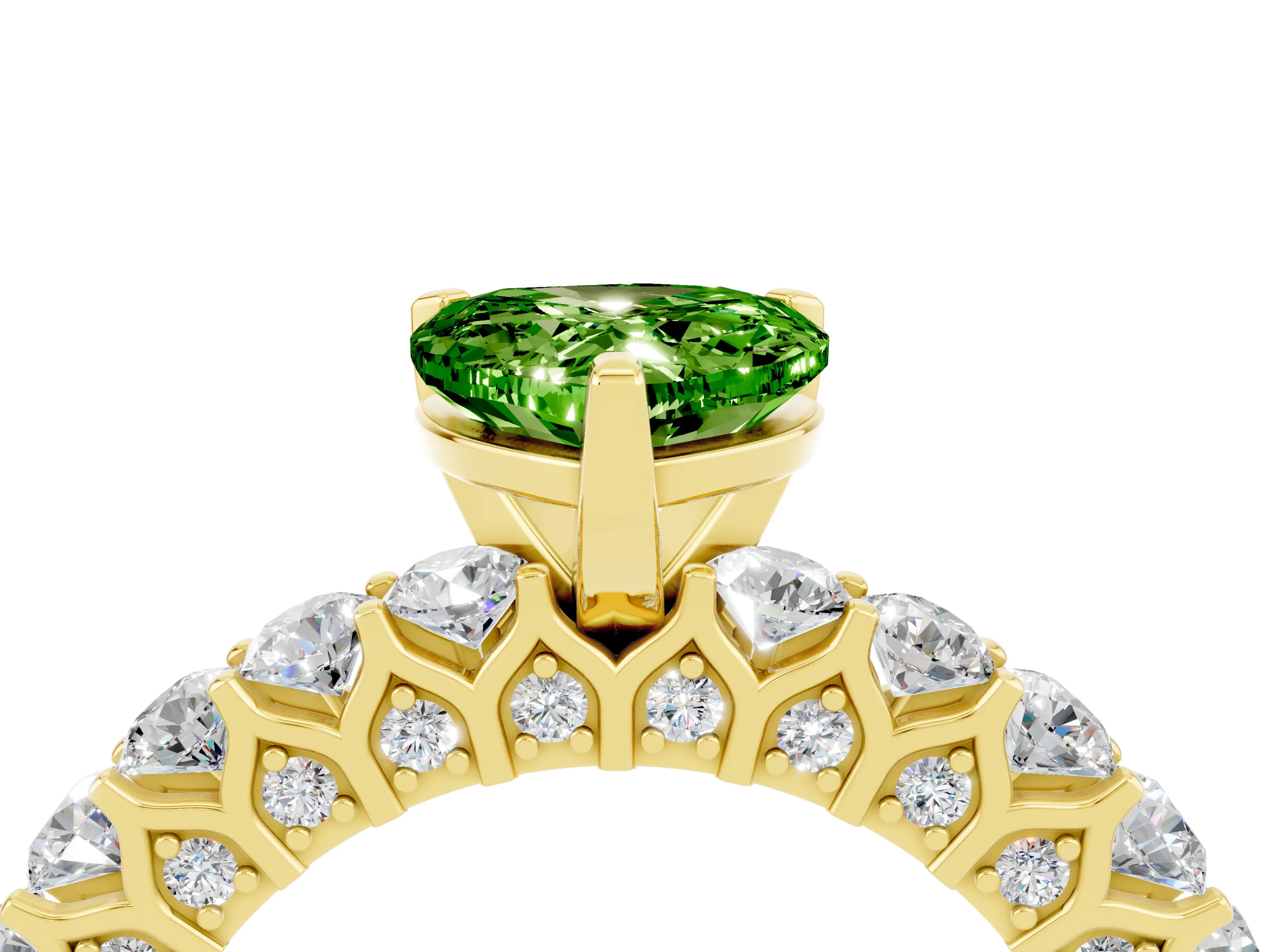 Yellow gold Heart Cut Peridot Solitaire Ring with Shared Prong Pavé Band and Four-Prong Setting_16