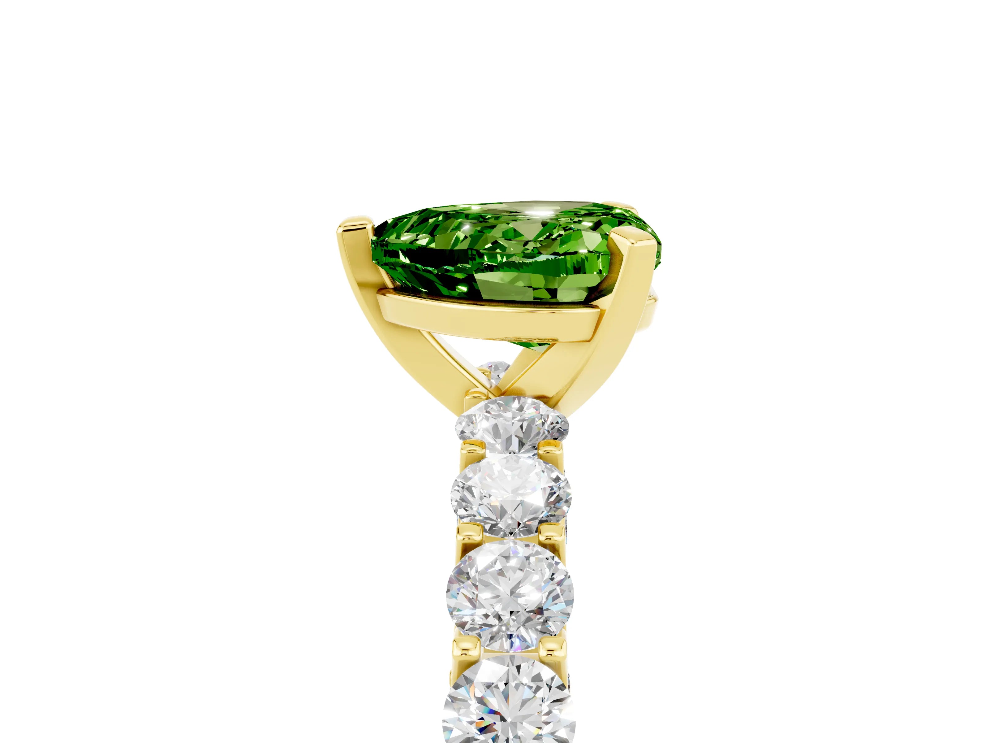 Yellow gold Heart Cut Peridot Solitaire Ring with Shared Prong Pavé Band and Four-Prong Setting_17