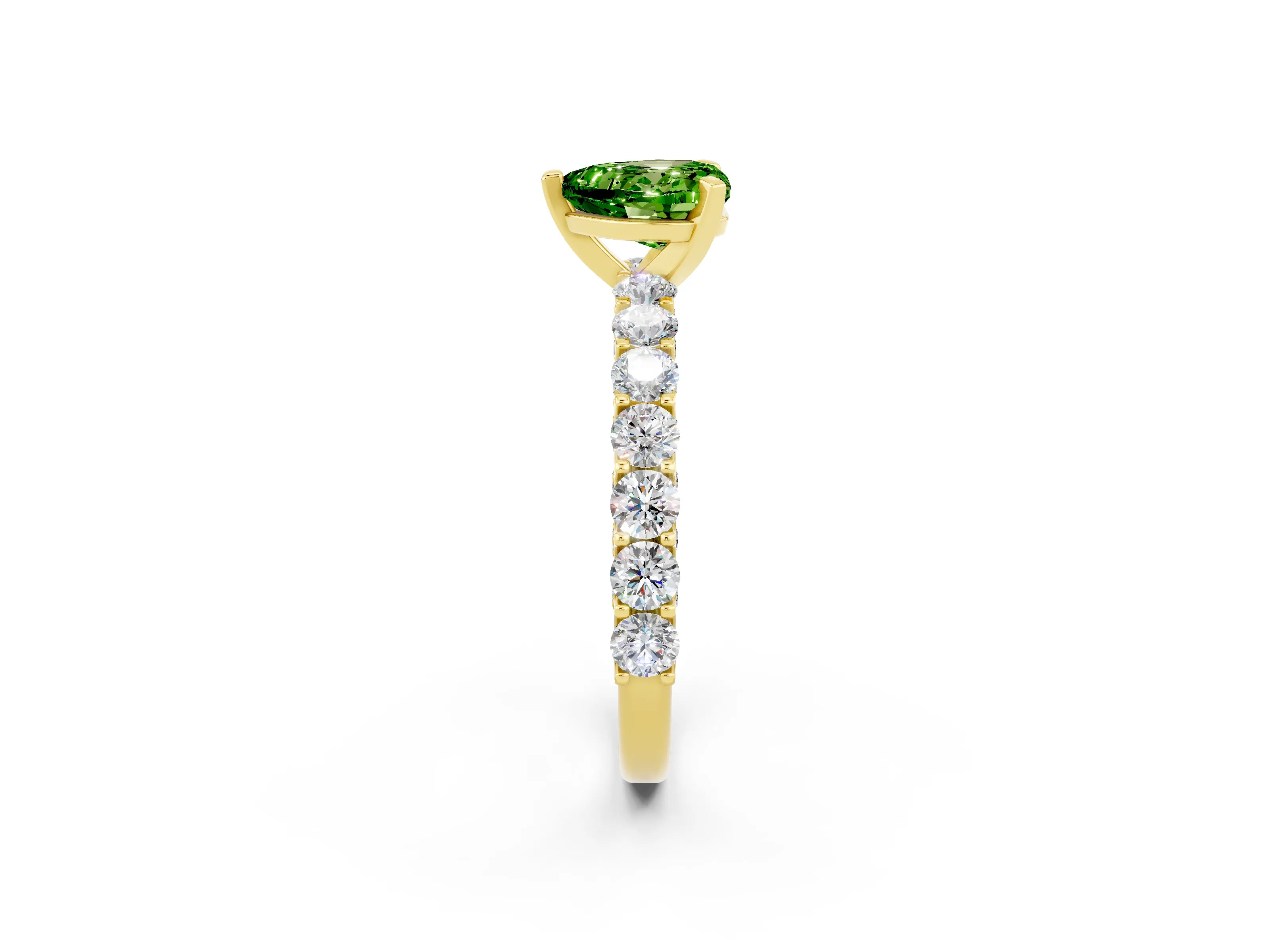 Yellow gold Heart Cut Peridot Solitaire Ring with Shared Prong Pavé Band and Four-Prong Setting_2