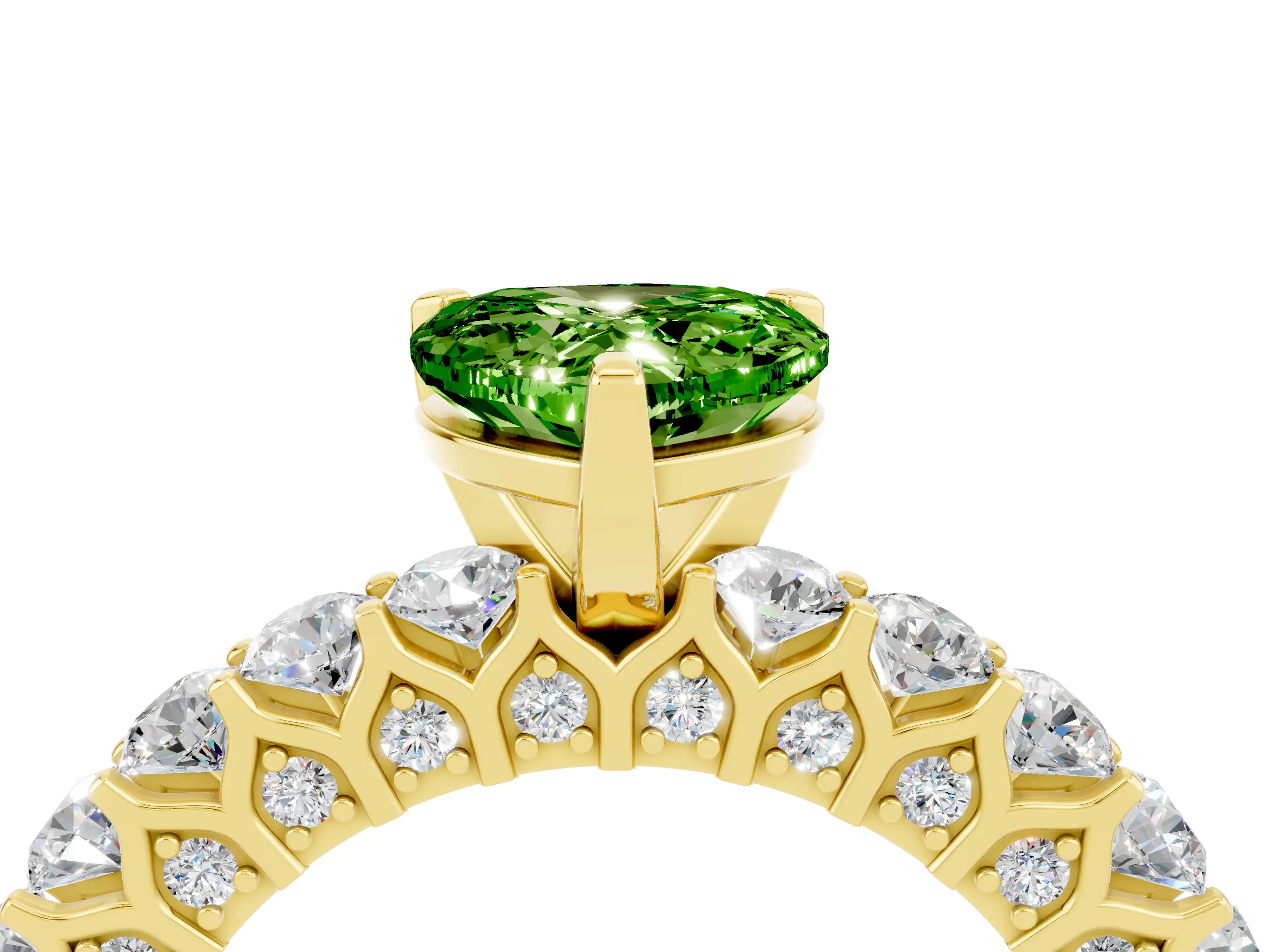 Yellow gold Heart Cut Peridot Solitaire Ring with Shared Prong Pavé Band and Four-Prong Setting_4