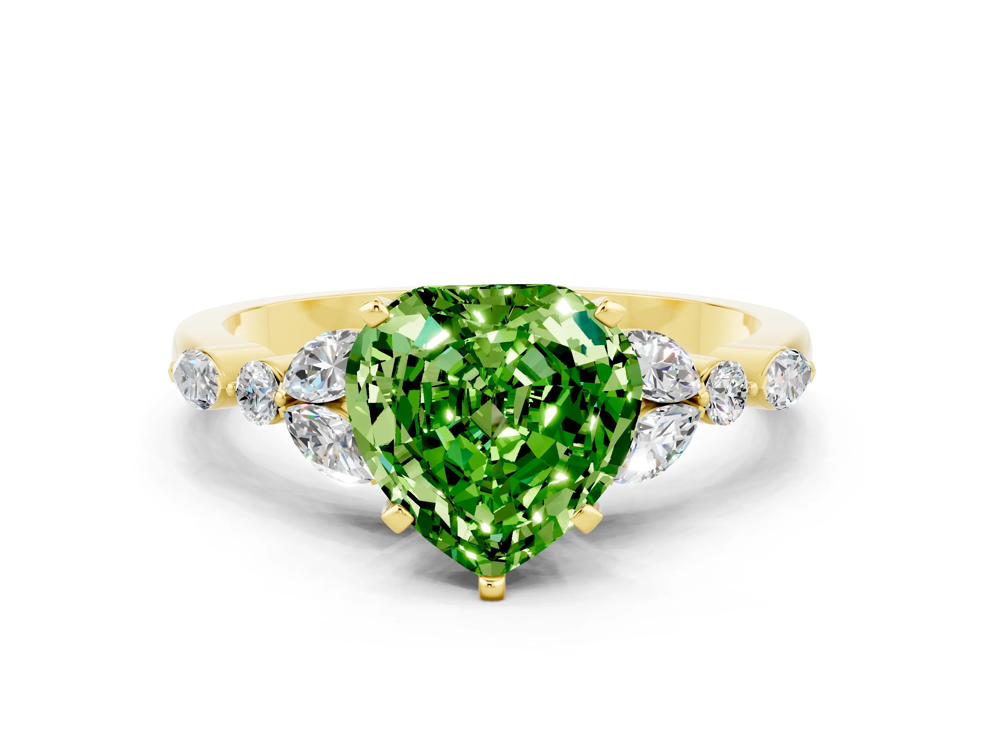 Yellow gold Heart Cut Peridot Solitaire Ring with Side Stones and Four-Prong Setting_12
