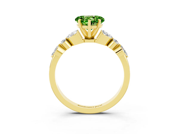 Yellow gold Heart Cut Peridot Solitaire Ring with Side Stones and Four-Prong Setting