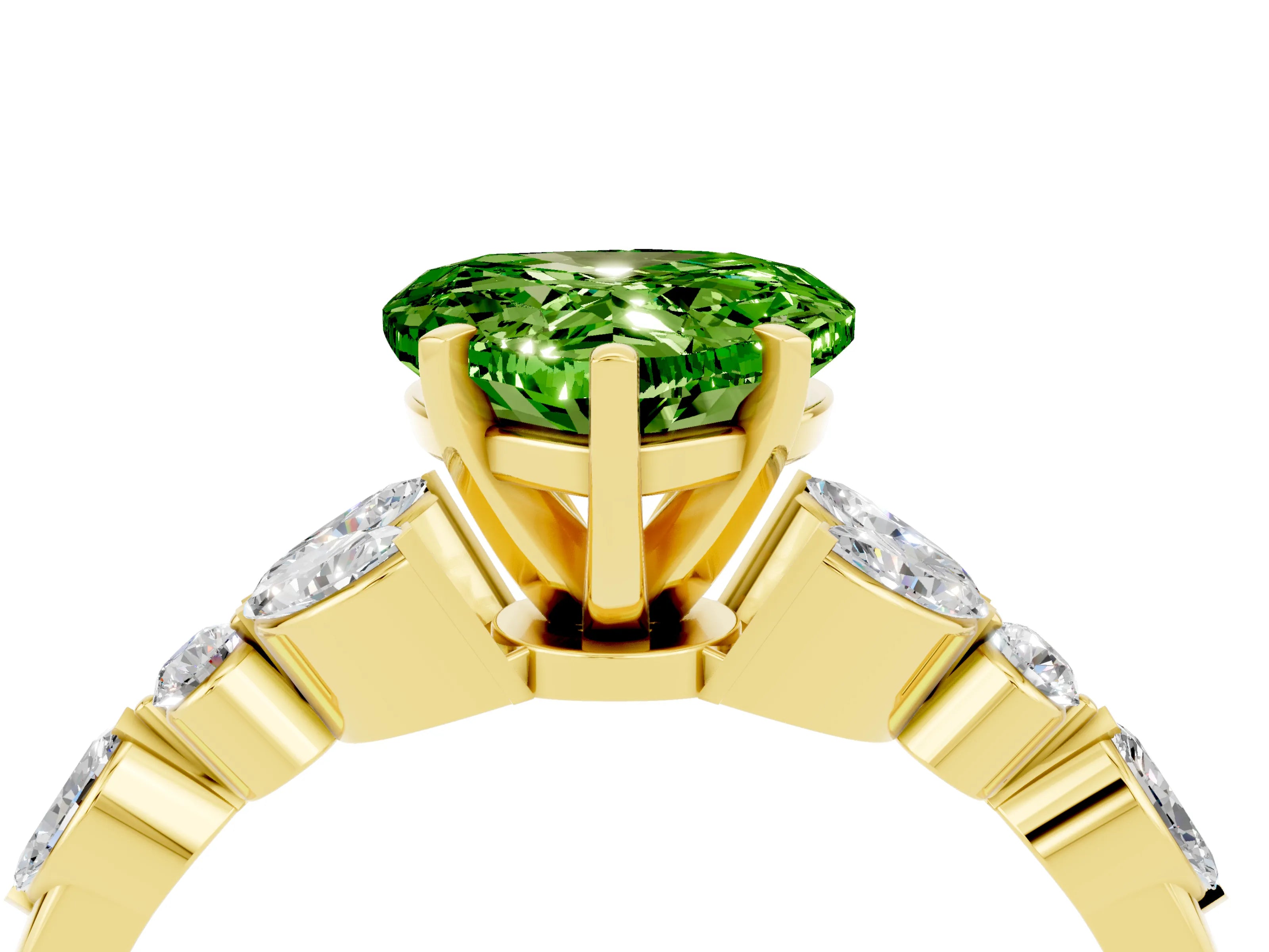 Yellow gold Heart Cut Peridot Solitaire Ring with Side Stones and Four-Prong Setting_16