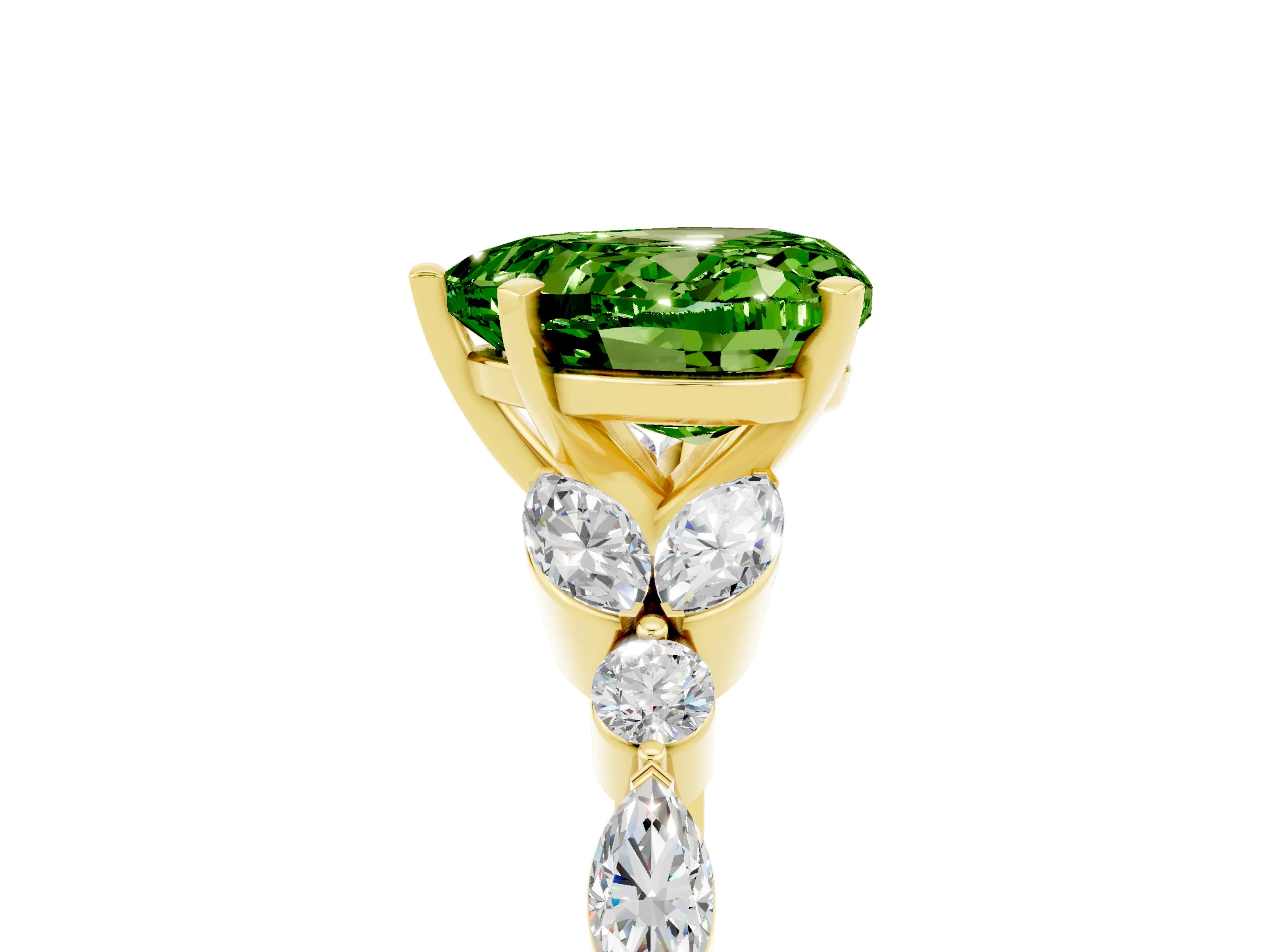 Yellow gold Heart Cut Peridot Solitaire Ring with Side Stones and Four-Prong Setting_17