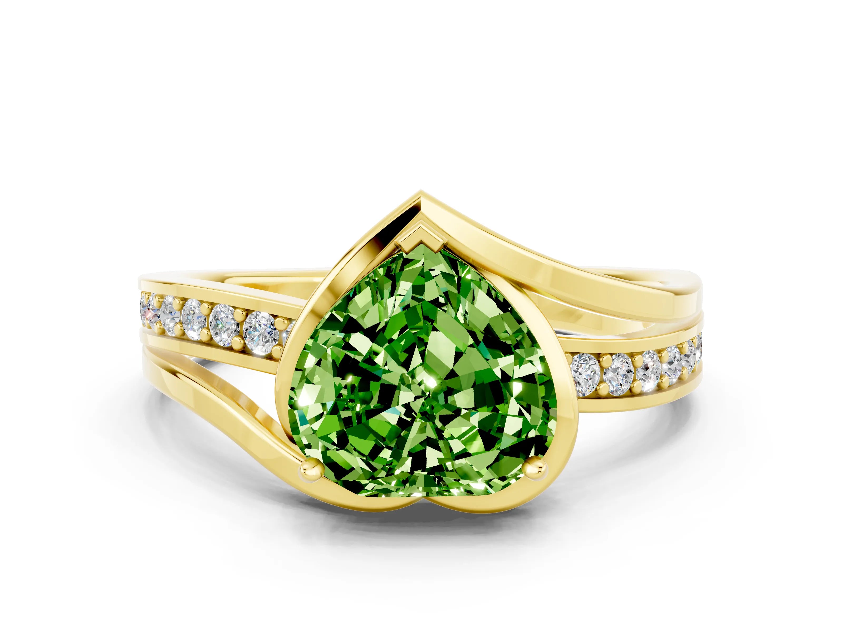 Yellow gold Heart Cut Peridot Solitaire Ring with Split Shank and Prong Setting