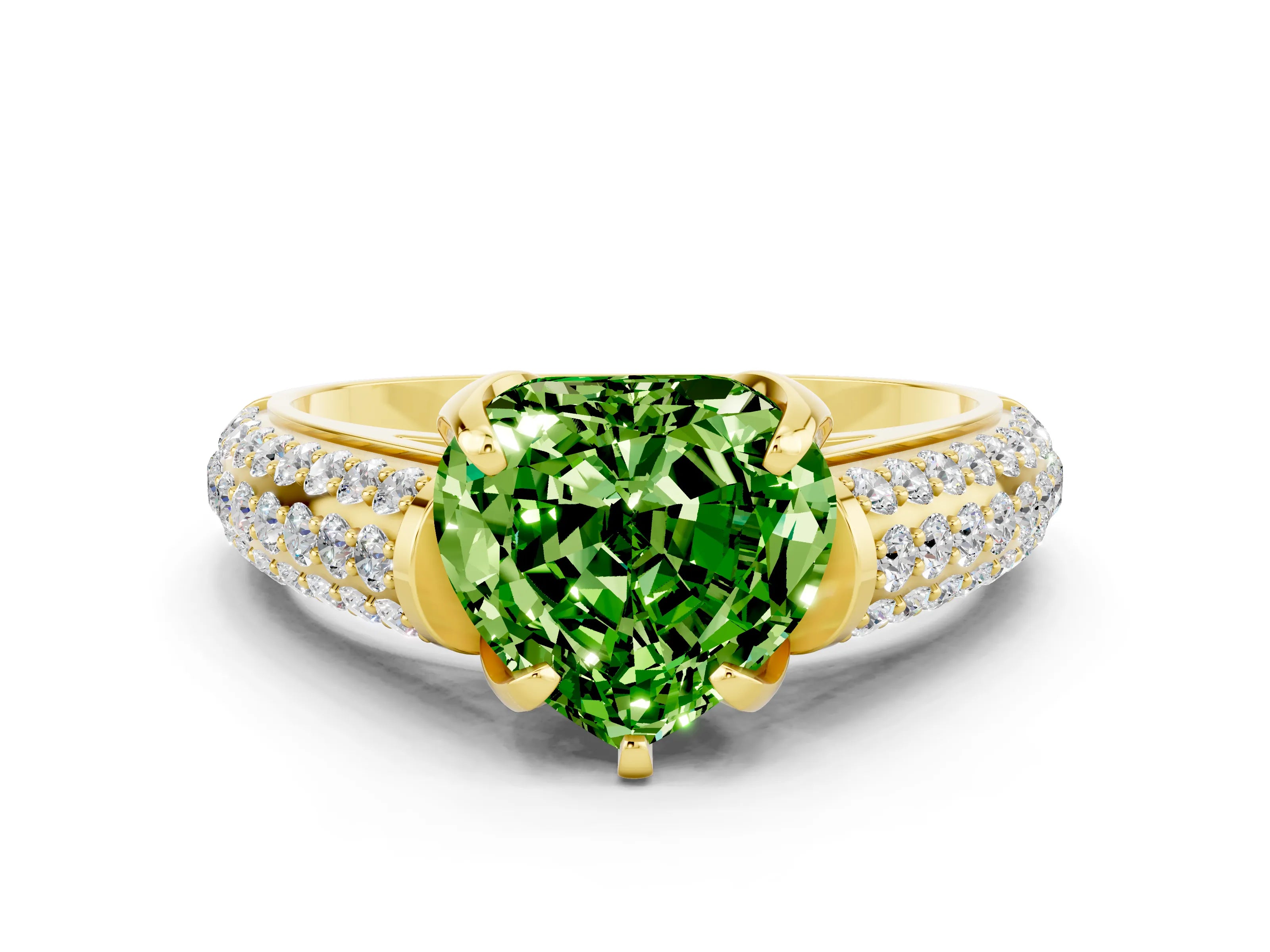 Yellow gold Heart Cut Peridot Solitaire Ring with Three-Row Pavé Band and Four-Prong Setting_12