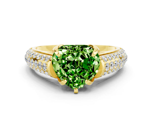 Yellow gold Heart Cut Peridot Solitaire Ring with Three-Row Pavé Band and Four-Prong Setting