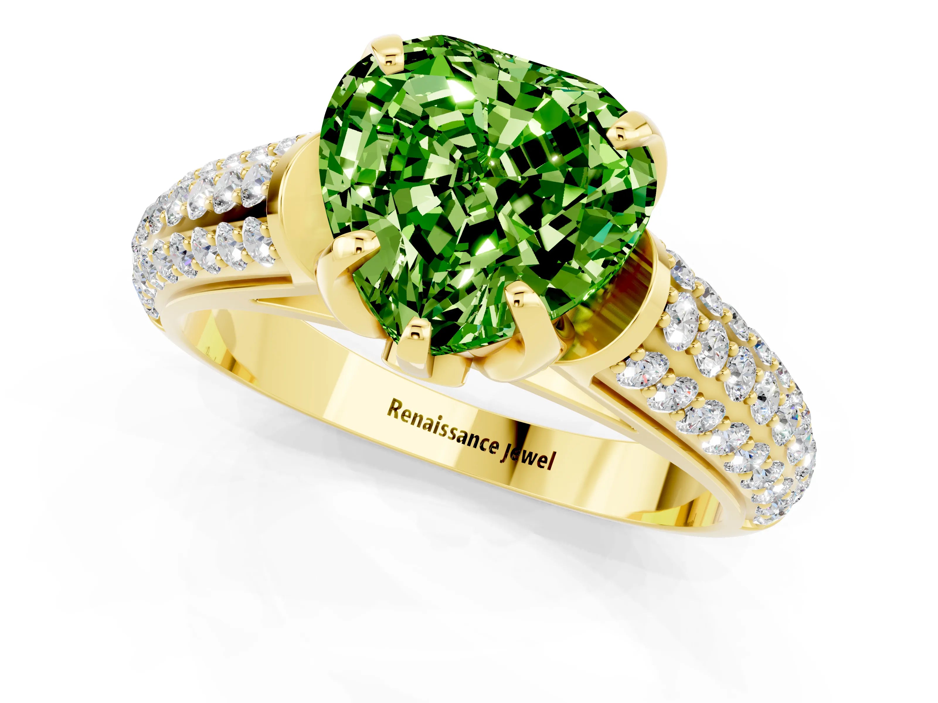 Yellow gold Heart Cut Peridot Solitaire Ring with Three-Row Pavé Band and Four-Prong Setting_13