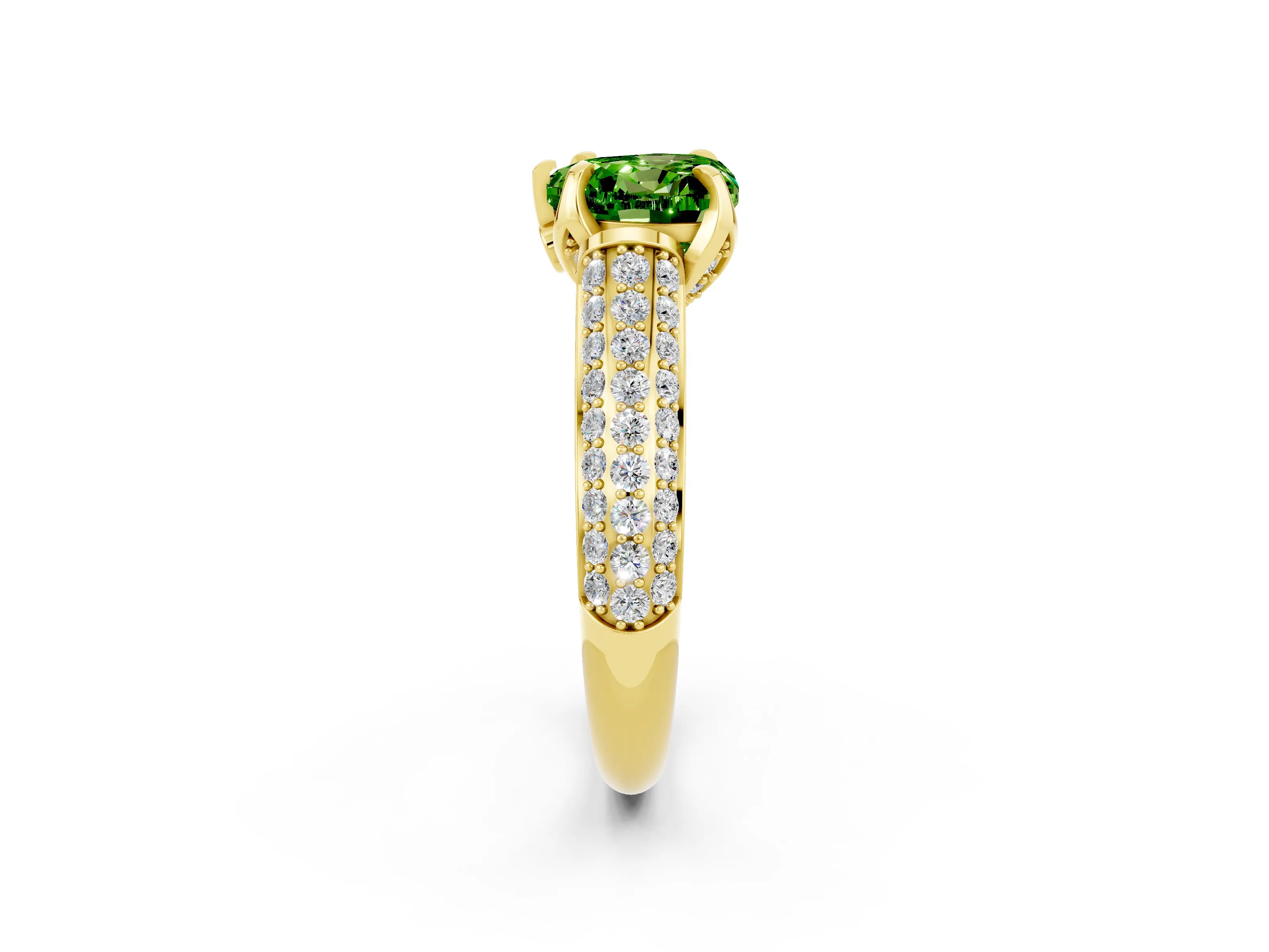 Yellow gold Heart Cut Peridot Solitaire Ring with Three-Row Pavé Band and Four-Prong Setting_14