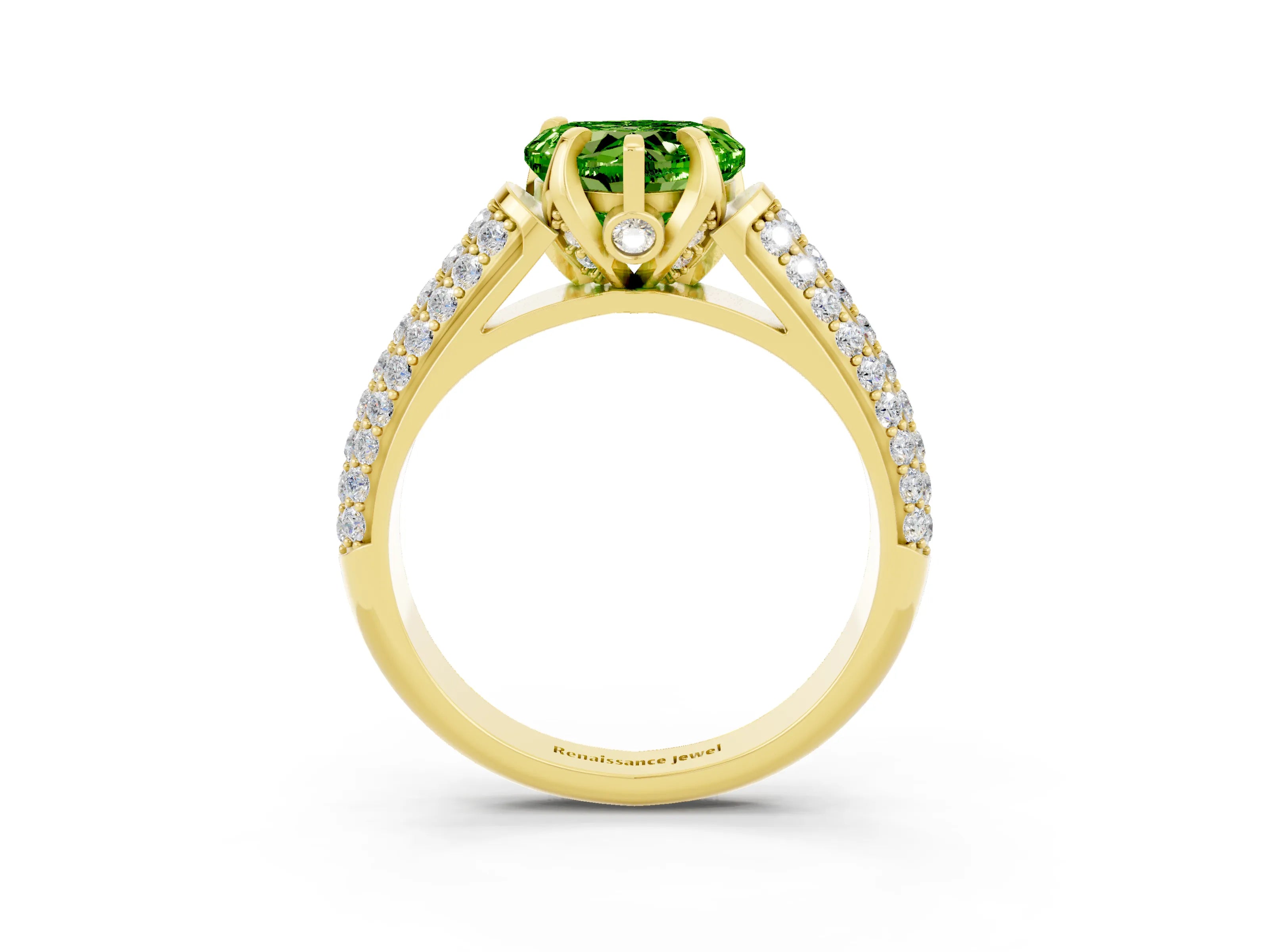 Yellow gold Heart Cut Peridot Solitaire Ring with Three-Row Pavé Band and Four-Prong Setting_15