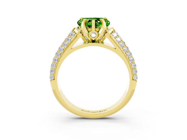 Yellow gold Heart Cut Peridot Solitaire Ring with Three-Row Pavé Band and Four-Prong Setting