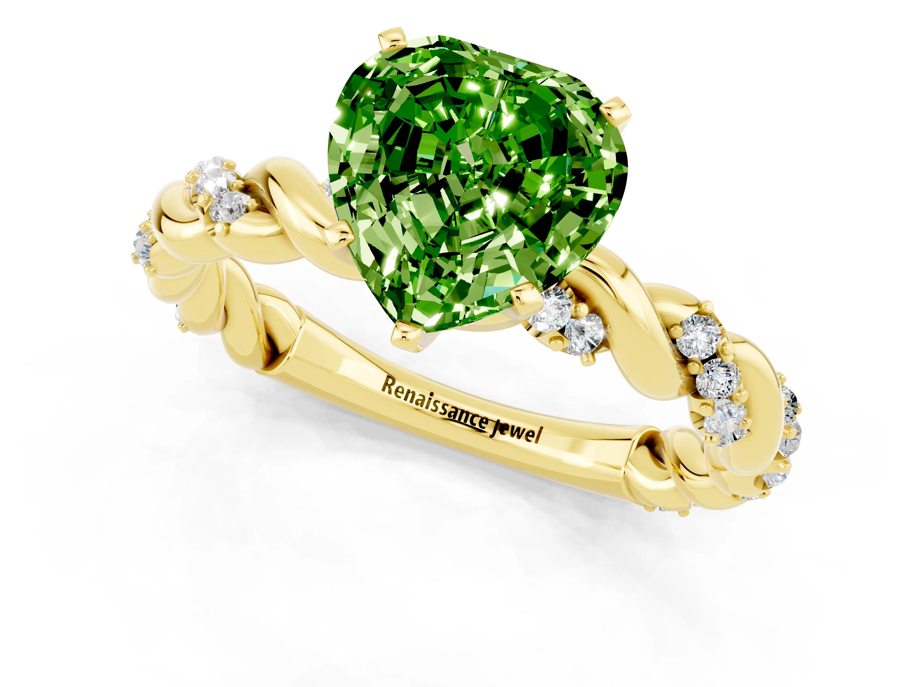 Yellow gold Heart Cut Peridot Solitaire Ring with Twisted Band and Pavé Accents_1