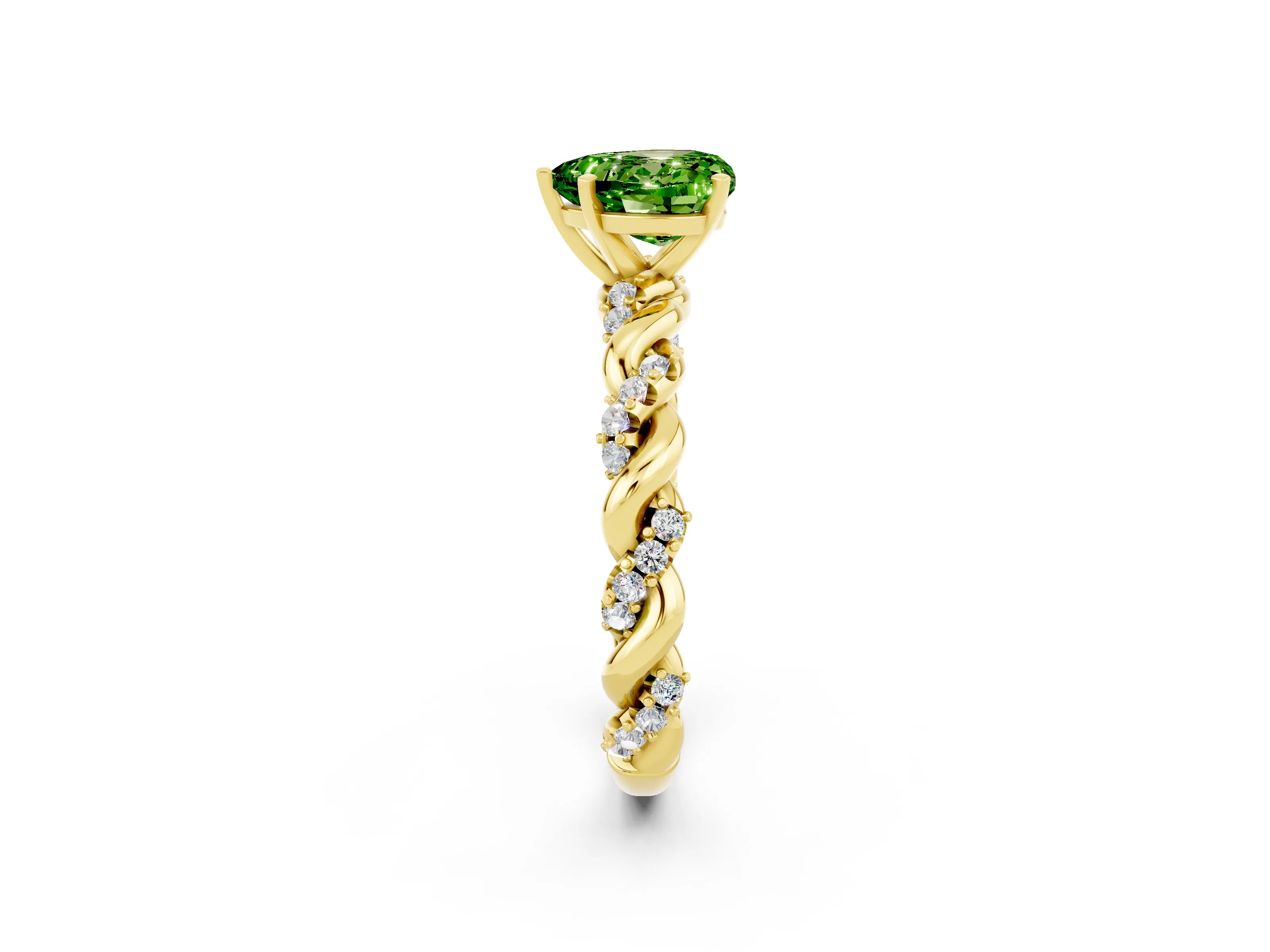 Yellow gold Heart Cut Peridot Solitaire Ring with Twisted Band and Pavé Accents_2