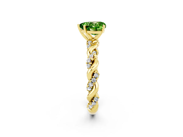 Yellow gold Heart Cut Peridot Solitaire Ring with Twisted Band and Pavé Accents
