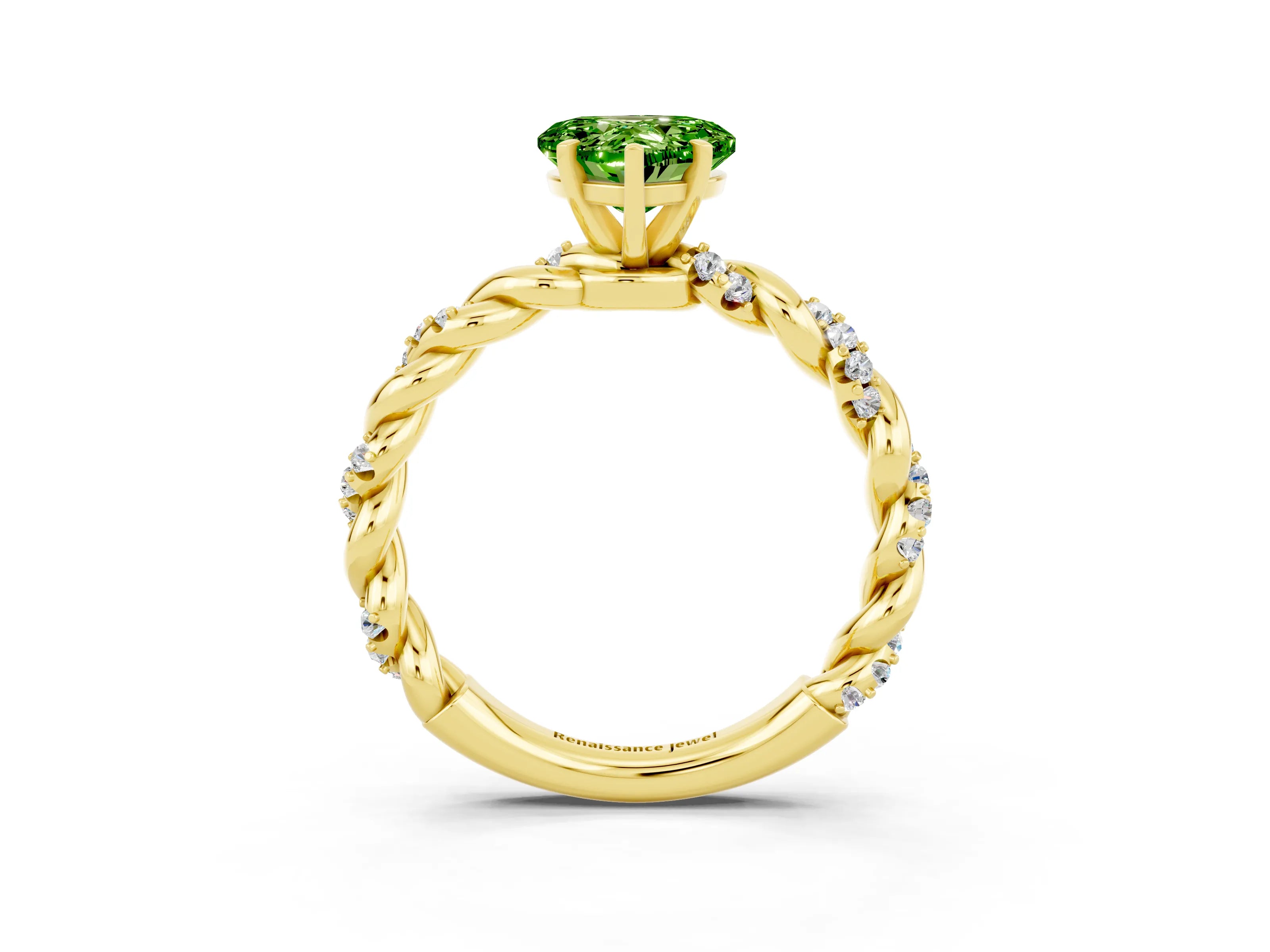Yellow gold Heart Cut Peridot Solitaire Ring with Twisted Band and Pavé Accents_3