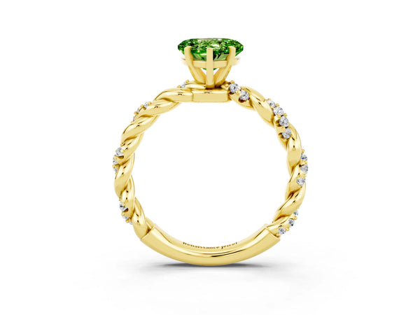 Yellow gold Heart Cut Peridot Solitaire Ring with Twisted Band and Pavé Accents