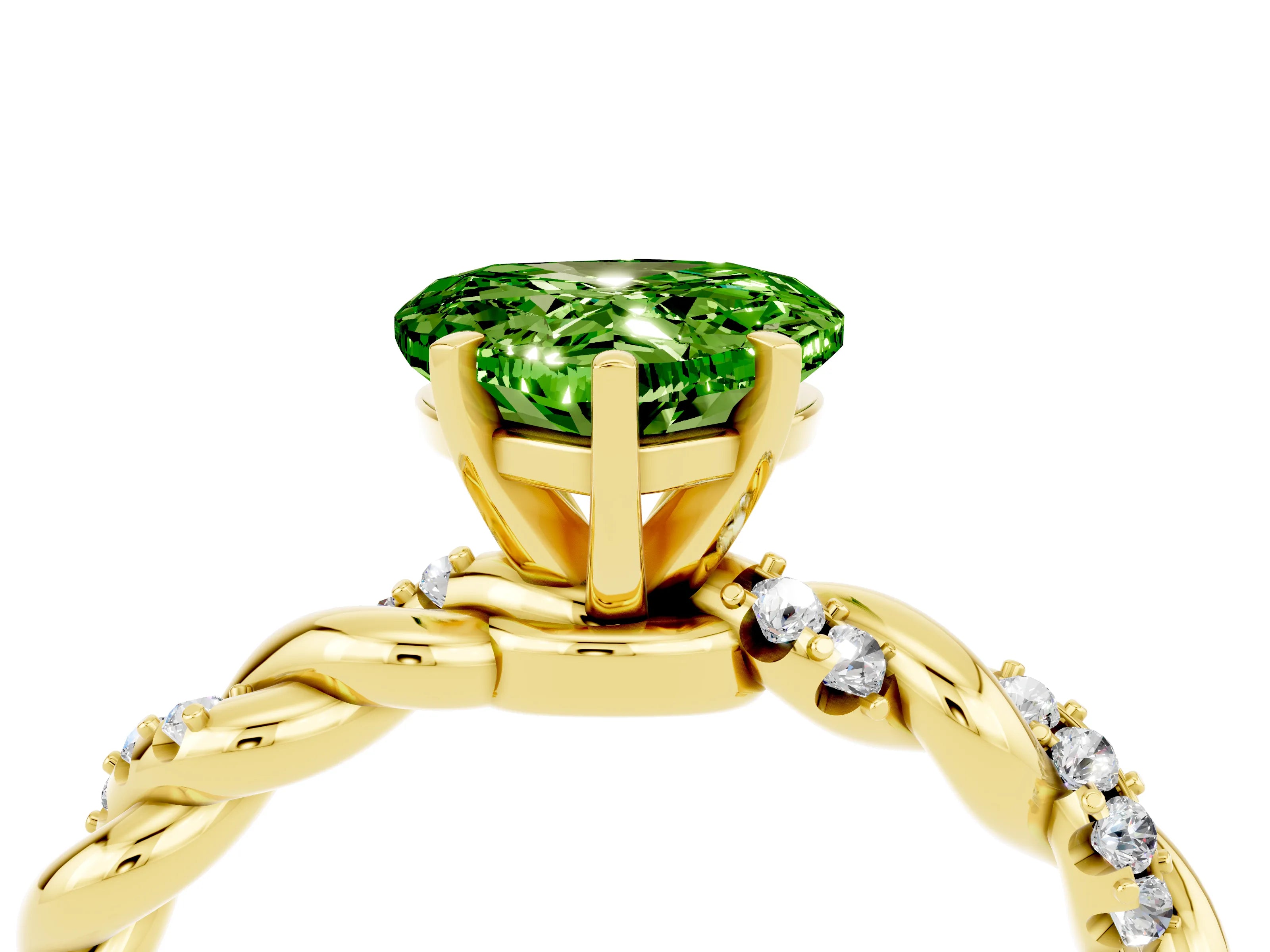Yellow gold Heart Cut Peridot Solitaire Ring with Twisted Band and Pavé Accents_4