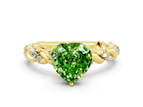 Yellow gold Heart Cut Peridot Solitaire Ring with Twisted Band and Pavé Accents
