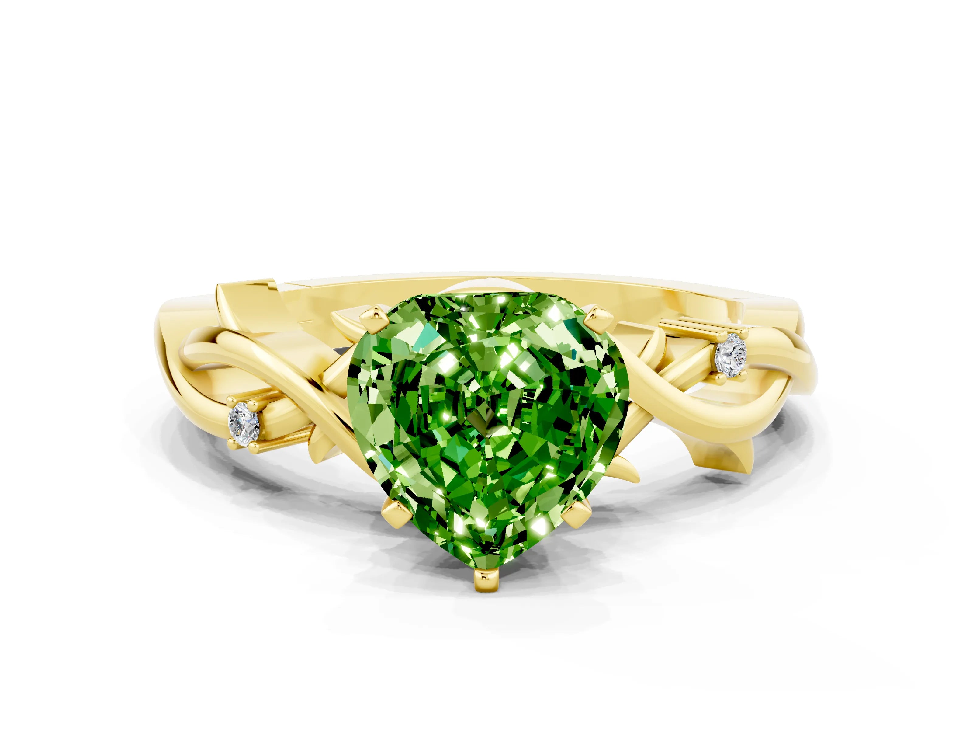 Yellow gold Heart Cut Peridot Solitaire Ring with Twisted Band and Prong Setting