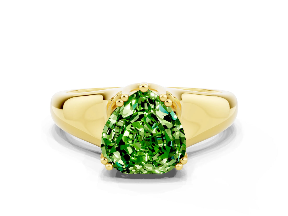 Yellow gold Heart Cut Peridot Solitaire Ring with Wide Band and Prong Setting