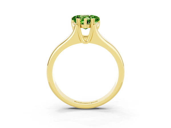 Yellow gold Heart Cut Peridot Solitaire Ring with Wide Band and Prong Setting