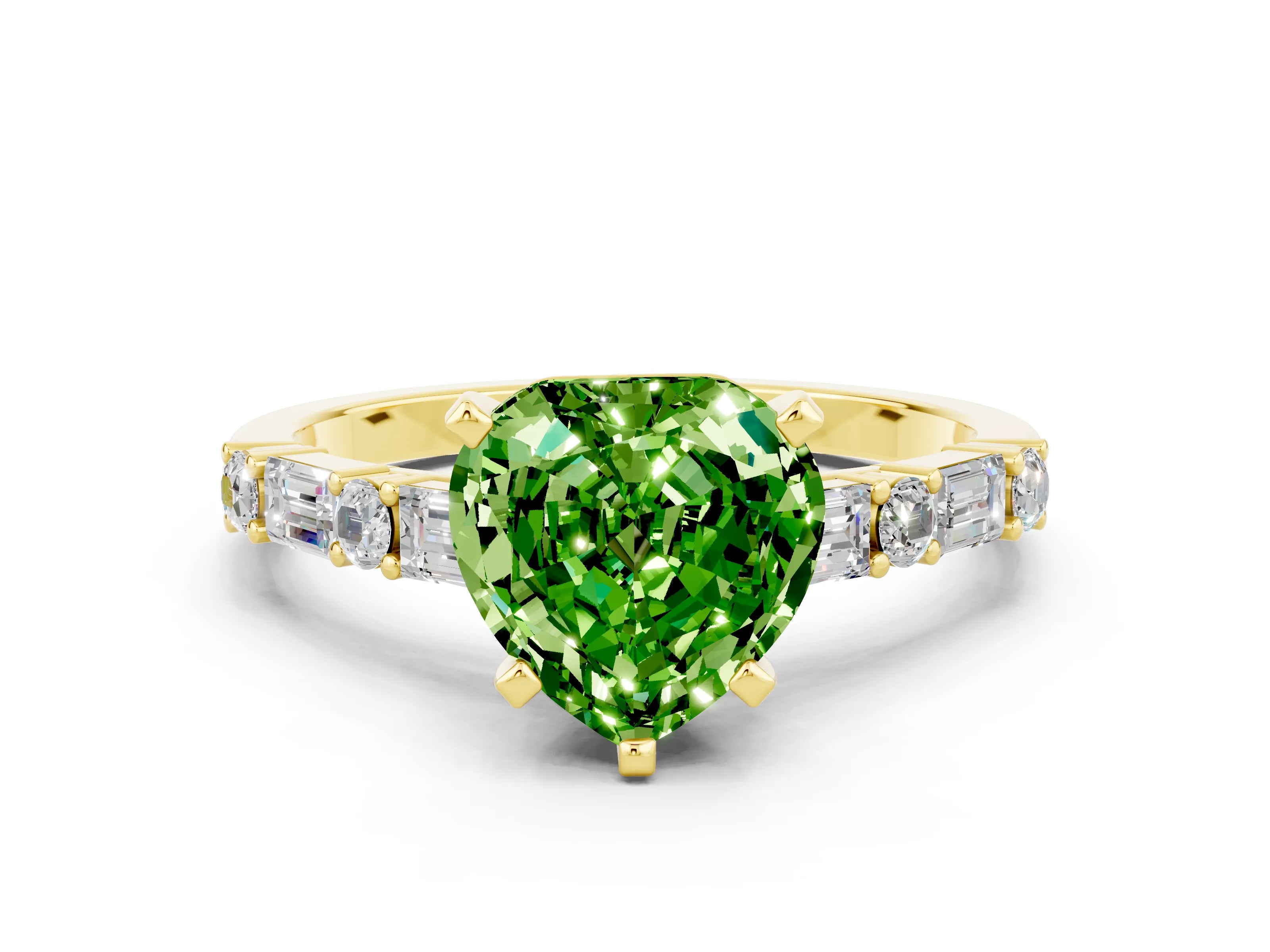 Yellow gold Heart Cut Peridot Solitaire with Side Baguettes and Channel Set Band