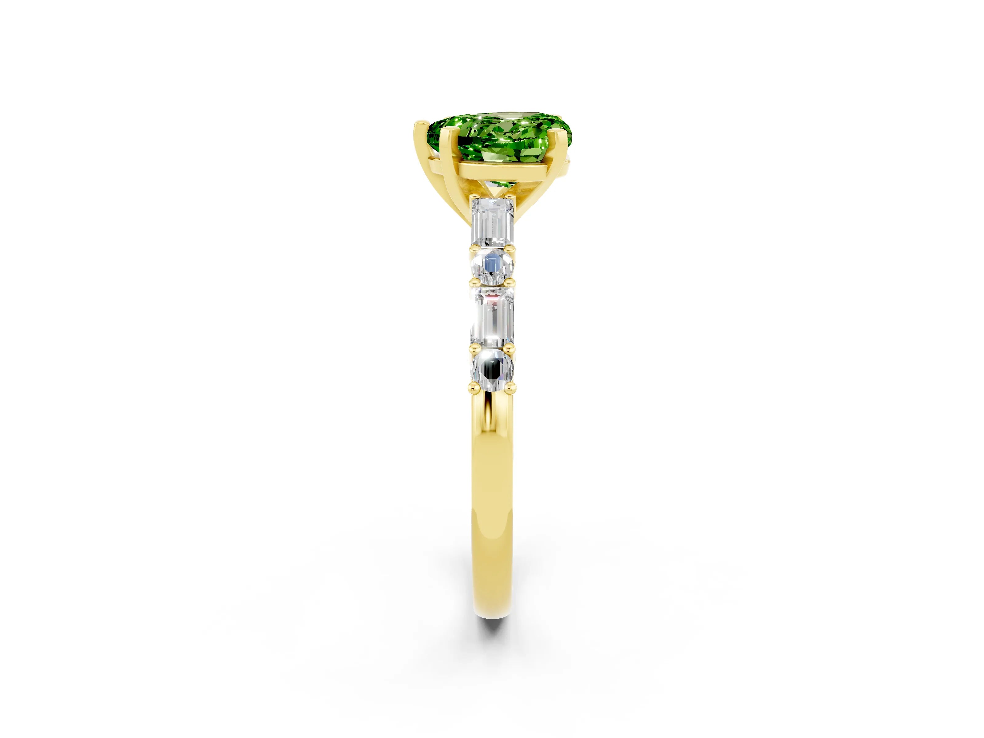 Yellow gold Heart Cut Peridot Solitaire with Side Baguettes and Channel Set Band_2