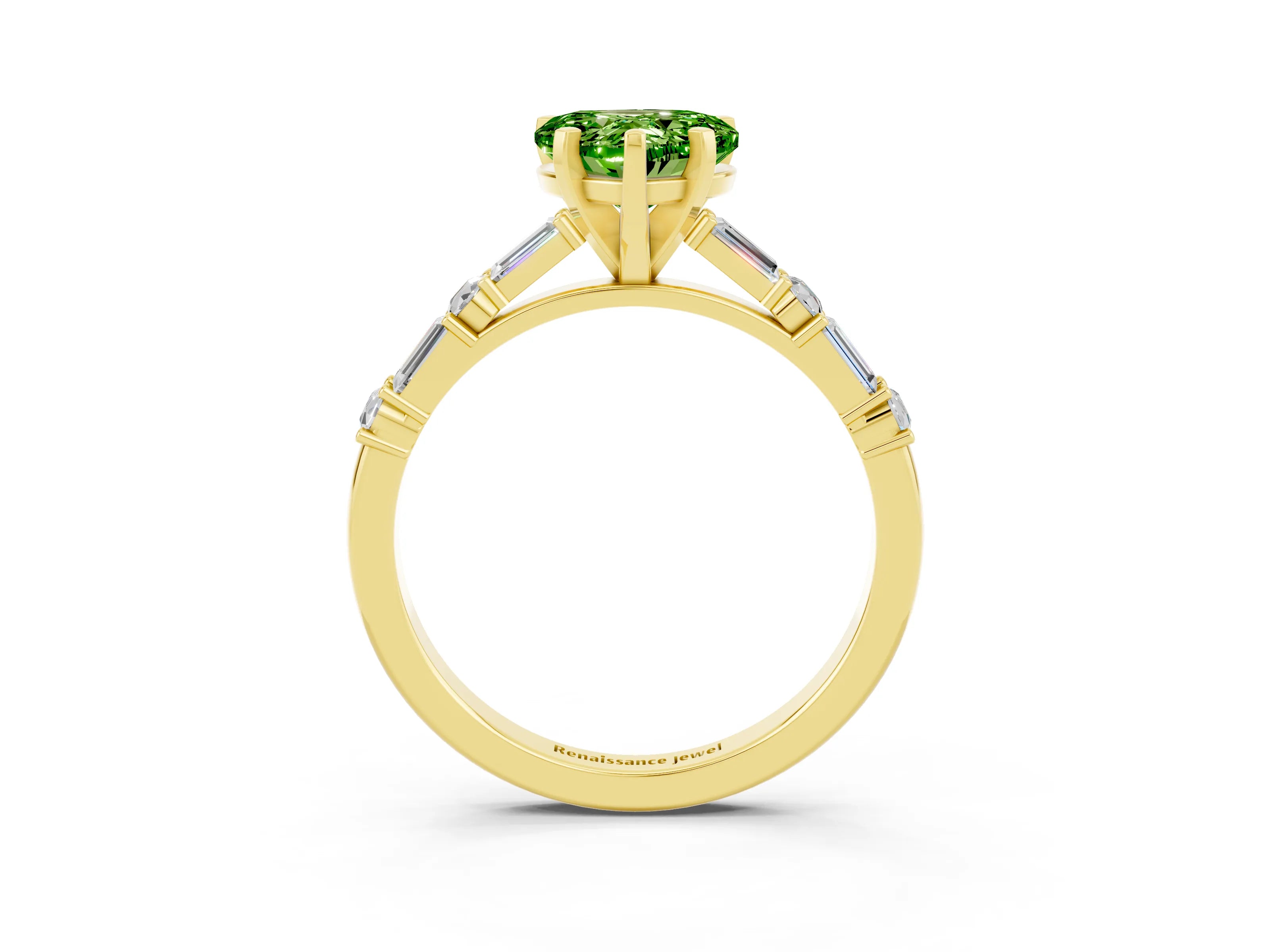 Yellow gold Heart Cut Peridot Solitaire with Side Baguettes and Channel Set Band_3