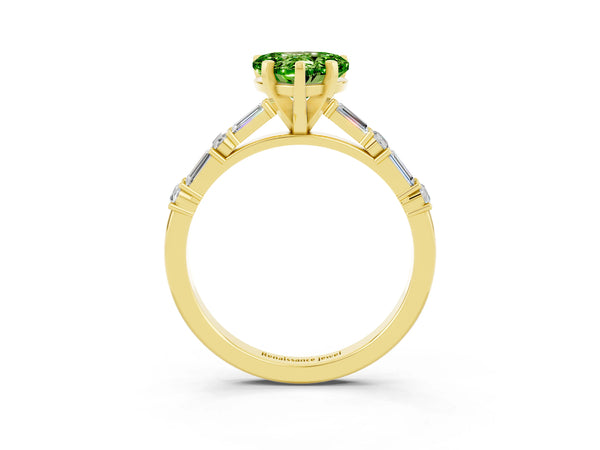 Yellow gold Heart Cut Peridot Solitaire with Side Baguettes and Channel Set Band