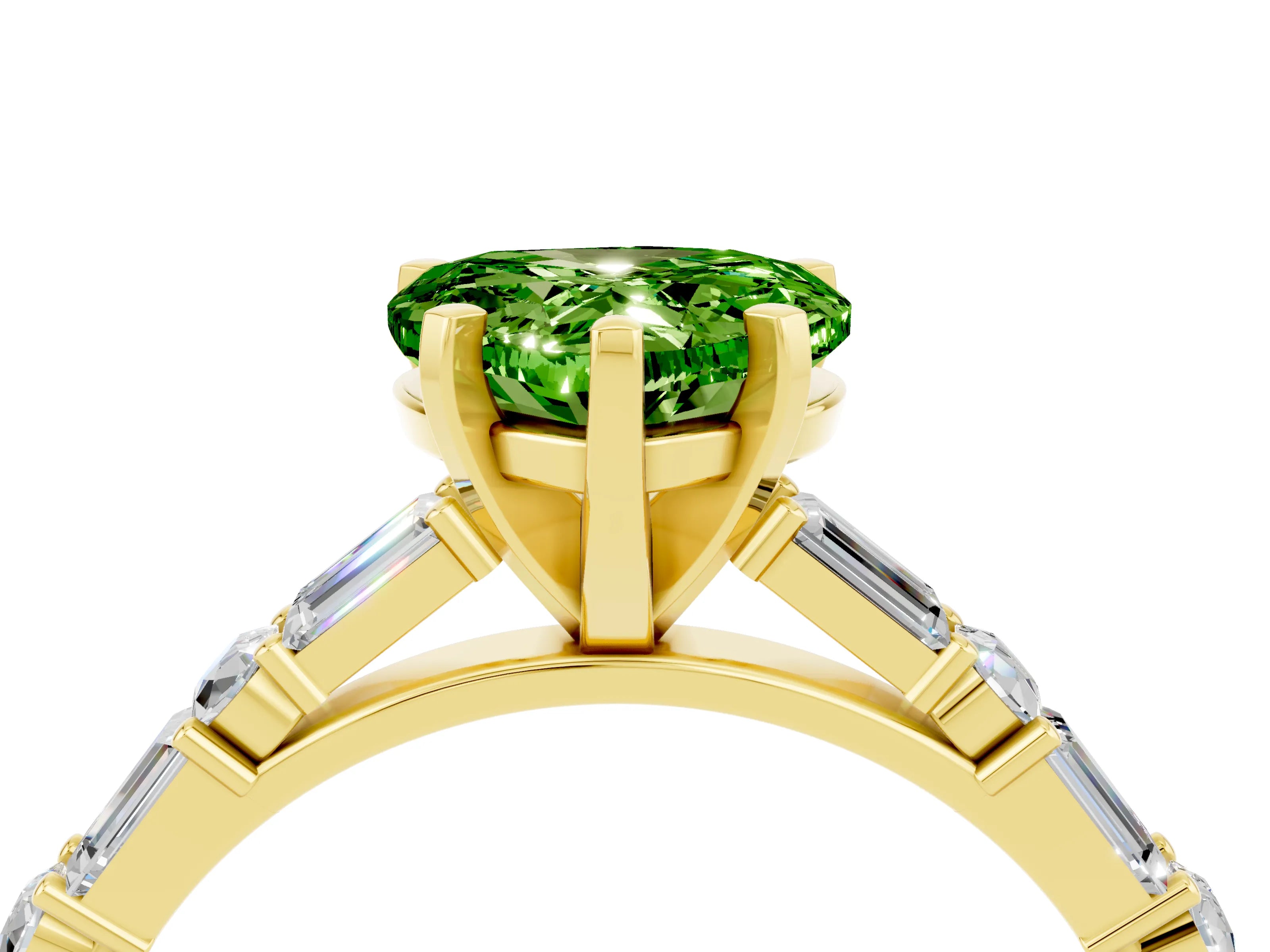 Yellow gold Heart Cut Peridot Solitaire with Side Baguettes and Channel Set Band_4