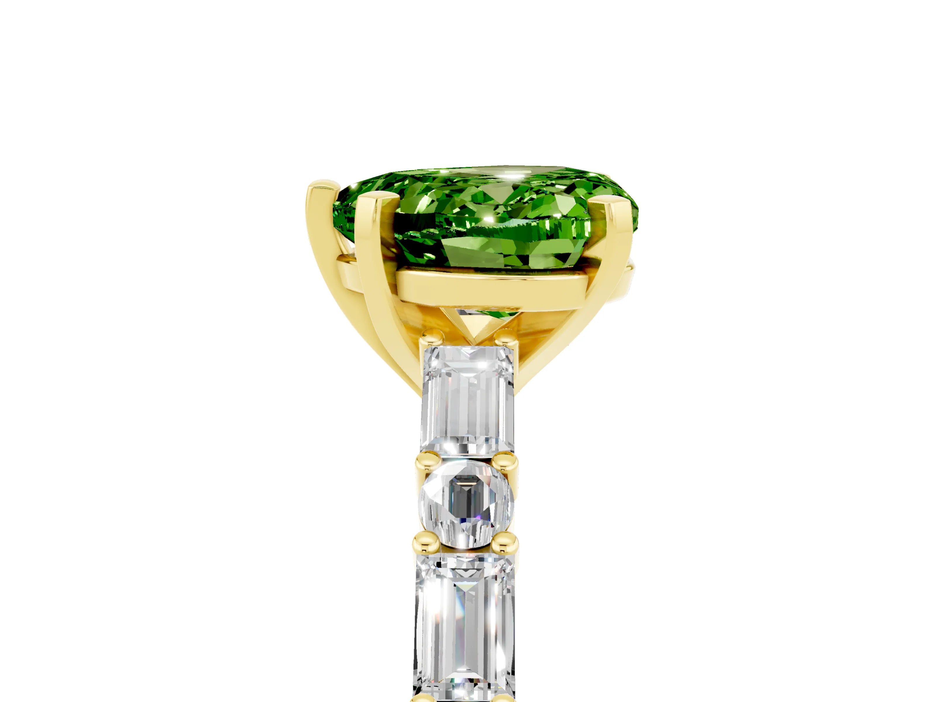 Yellow gold Heart Cut Peridot Solitaire with Side Baguettes and Channel Set Band_5