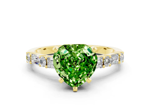 Yellow gold Heart Cut Peridot Solitaire with Side Baguettes and Channel Set Band