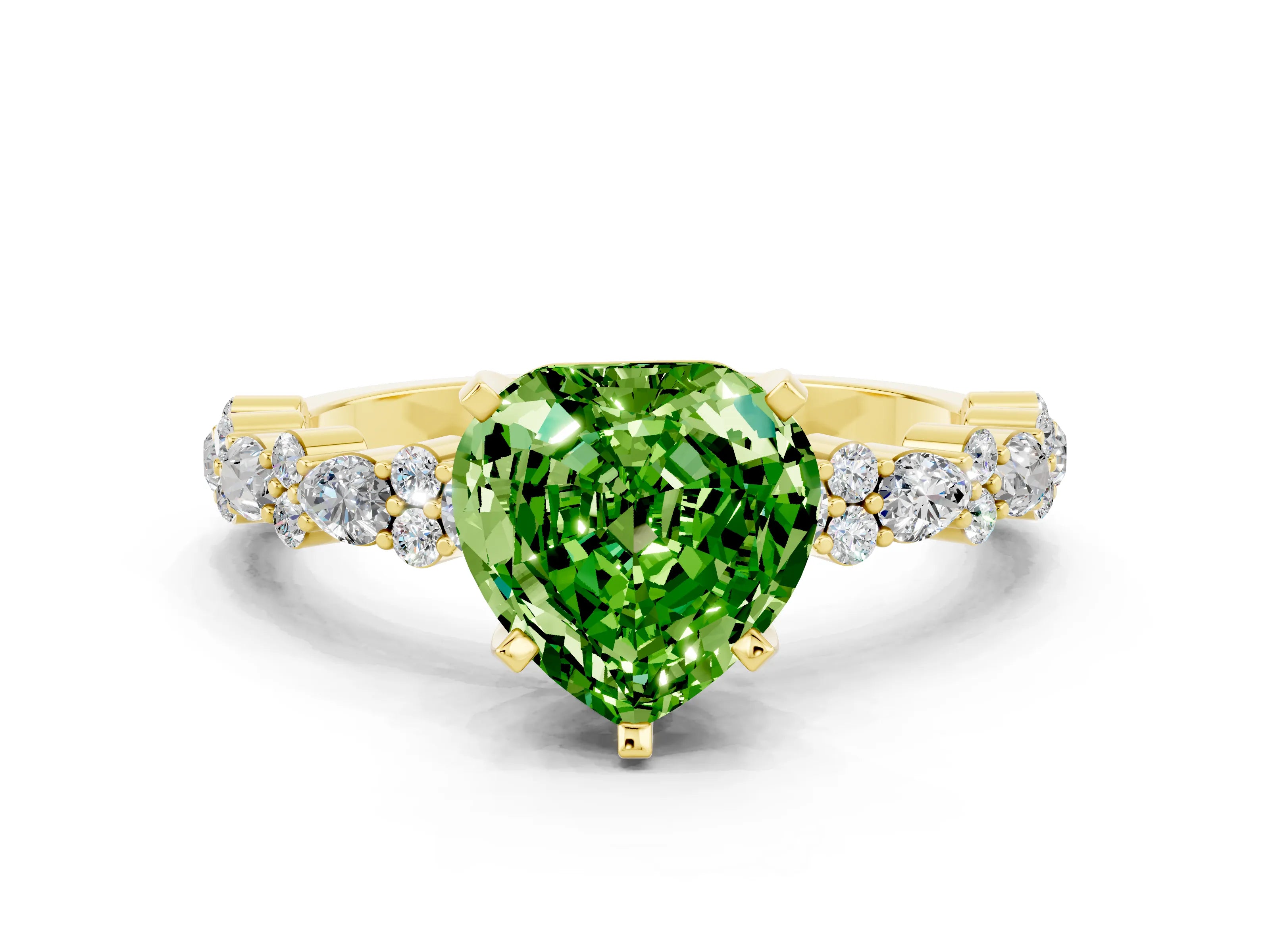 Yellow gold Heart Cut Peridot Solitaire with Side Stones, Pave Band, Four-Prong Setting_36