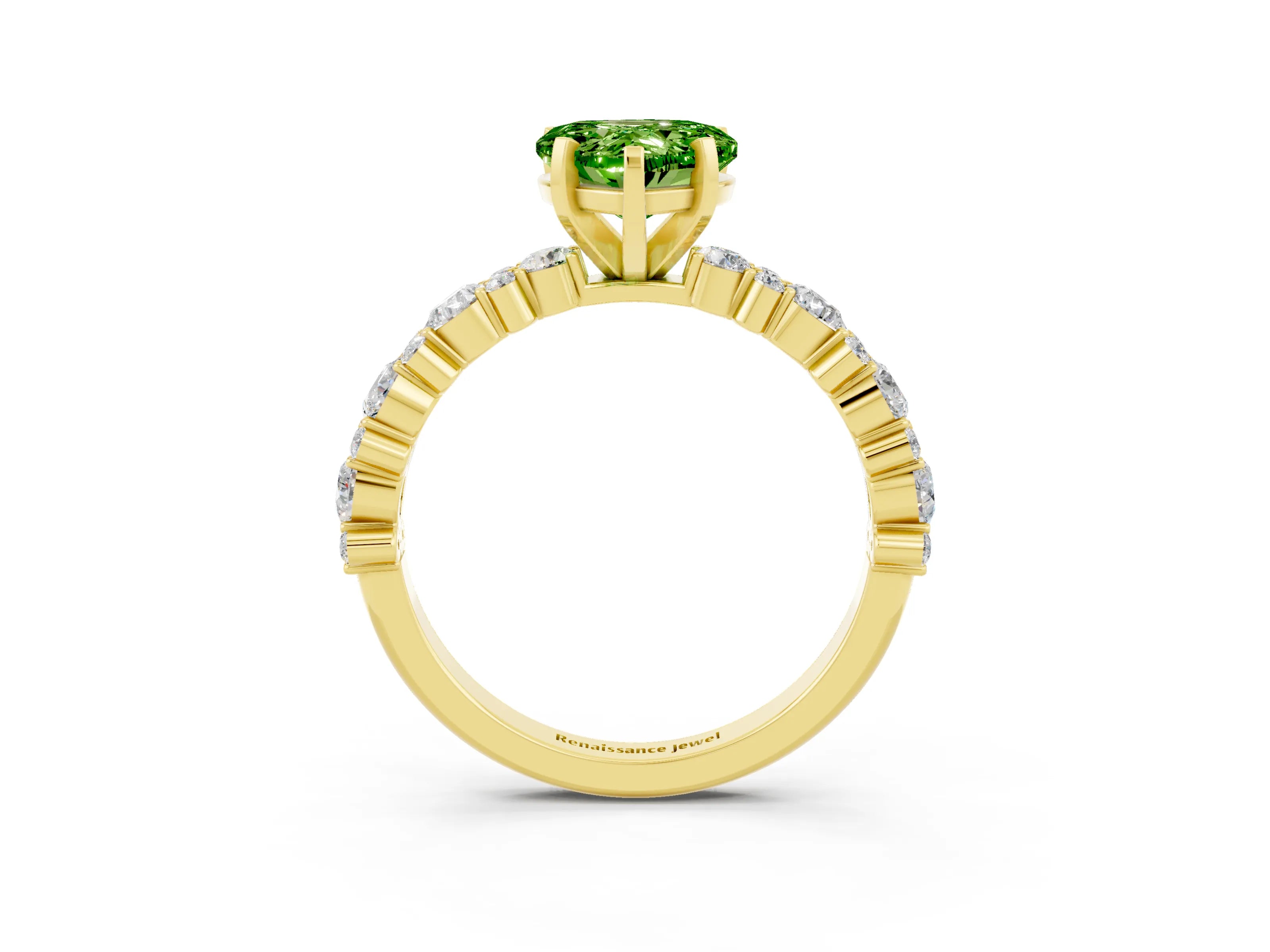 Yellow gold Heart Cut Peridot Solitaire with Side Stones, Pave Band, Four-Prong Setting_39