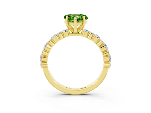 Yellow gold Heart Cut Peridot Side Stone Solitaire Ring with Round  and Four-Prong Setting