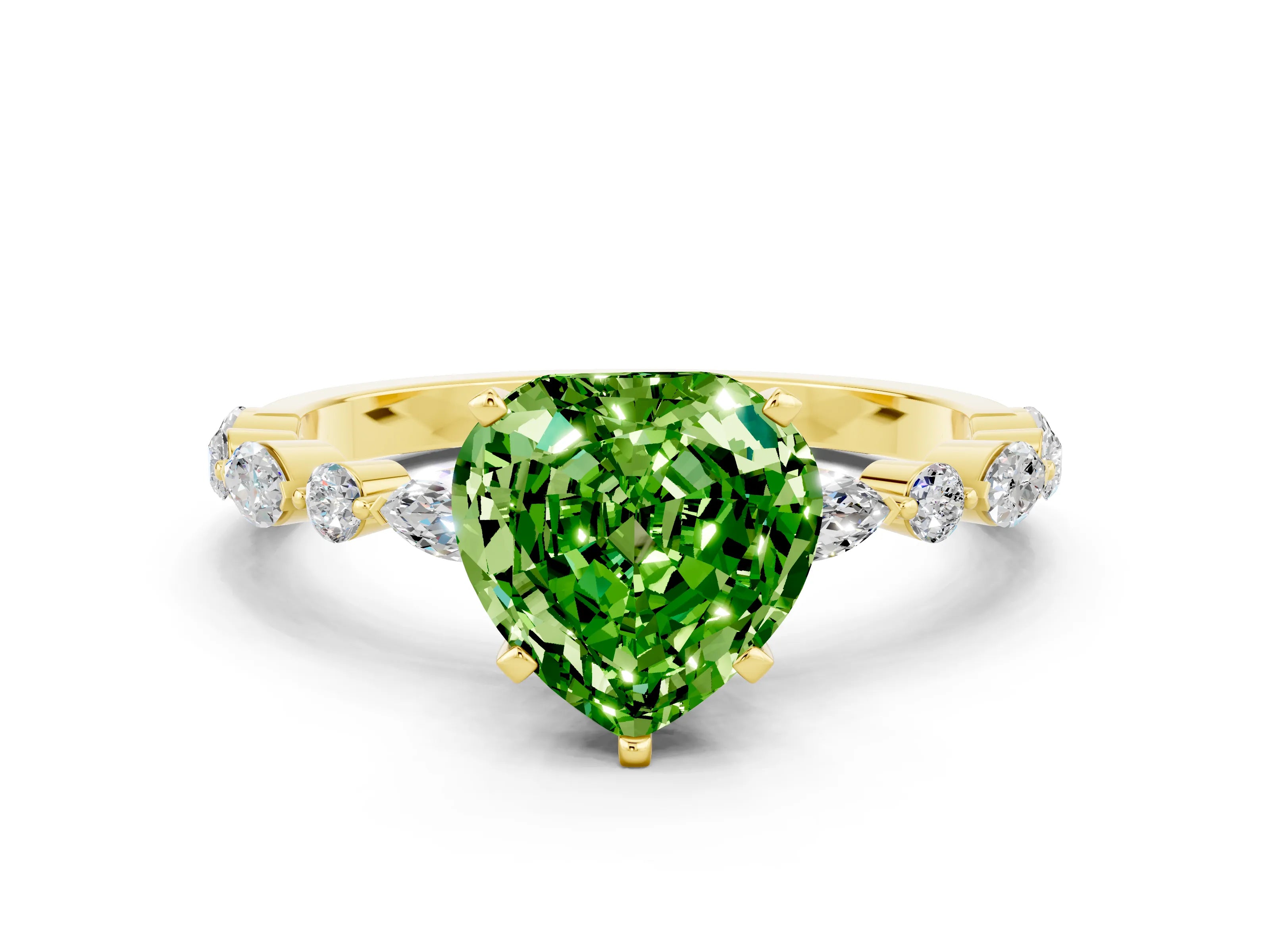 Yellow gold Heart Cut Peridot Solitaire with Side Stones on a Pavé Band and Four-Prong Setting