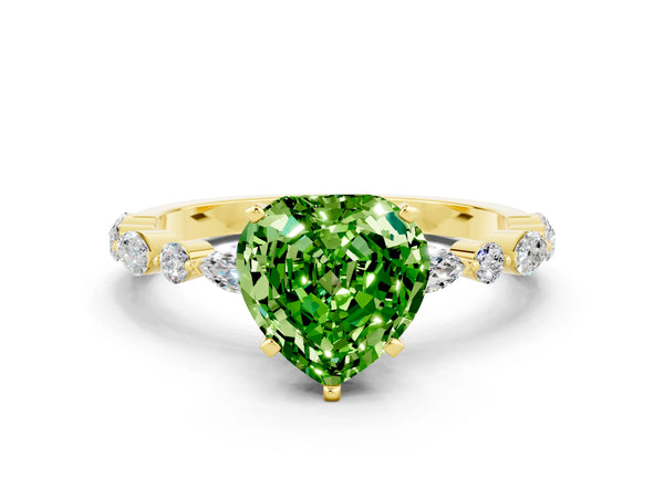 Yellow gold Heart Cut Peridot Ring with Marquise and Round  Side Stones and Four-Prong Setting