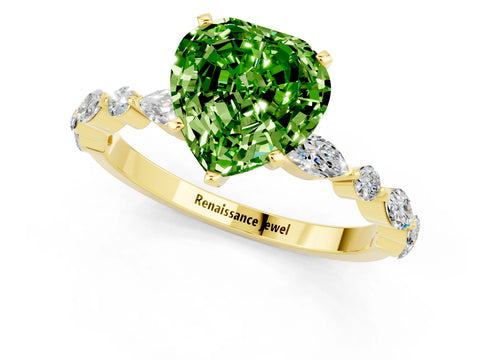 Yellow gold Heart Cut Peridot Solitaire with Side Stones on a Pavé Band and Four-Prong Setting_1