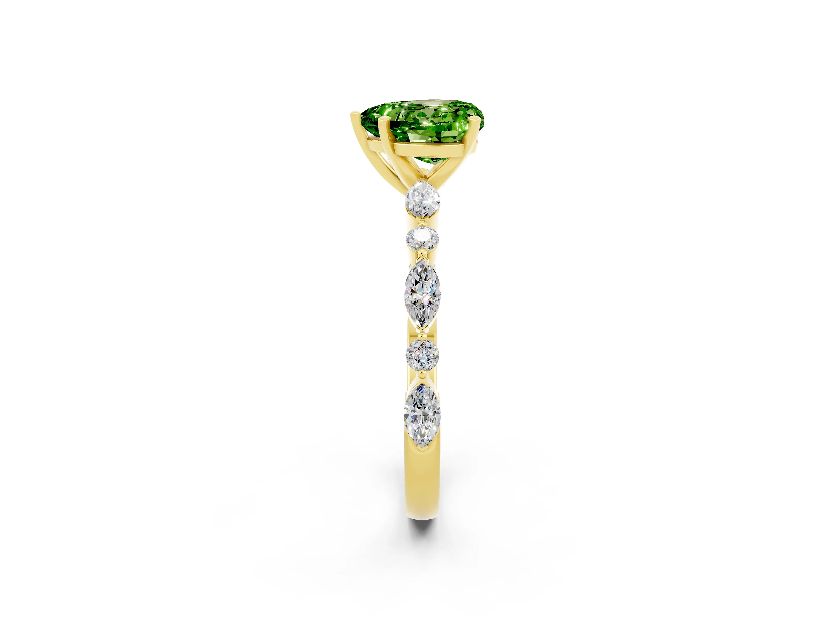 Yellow gold Heart Cut Peridot Solitaire with Side Stones on a Pavé Band and Four-Prong Setting_2