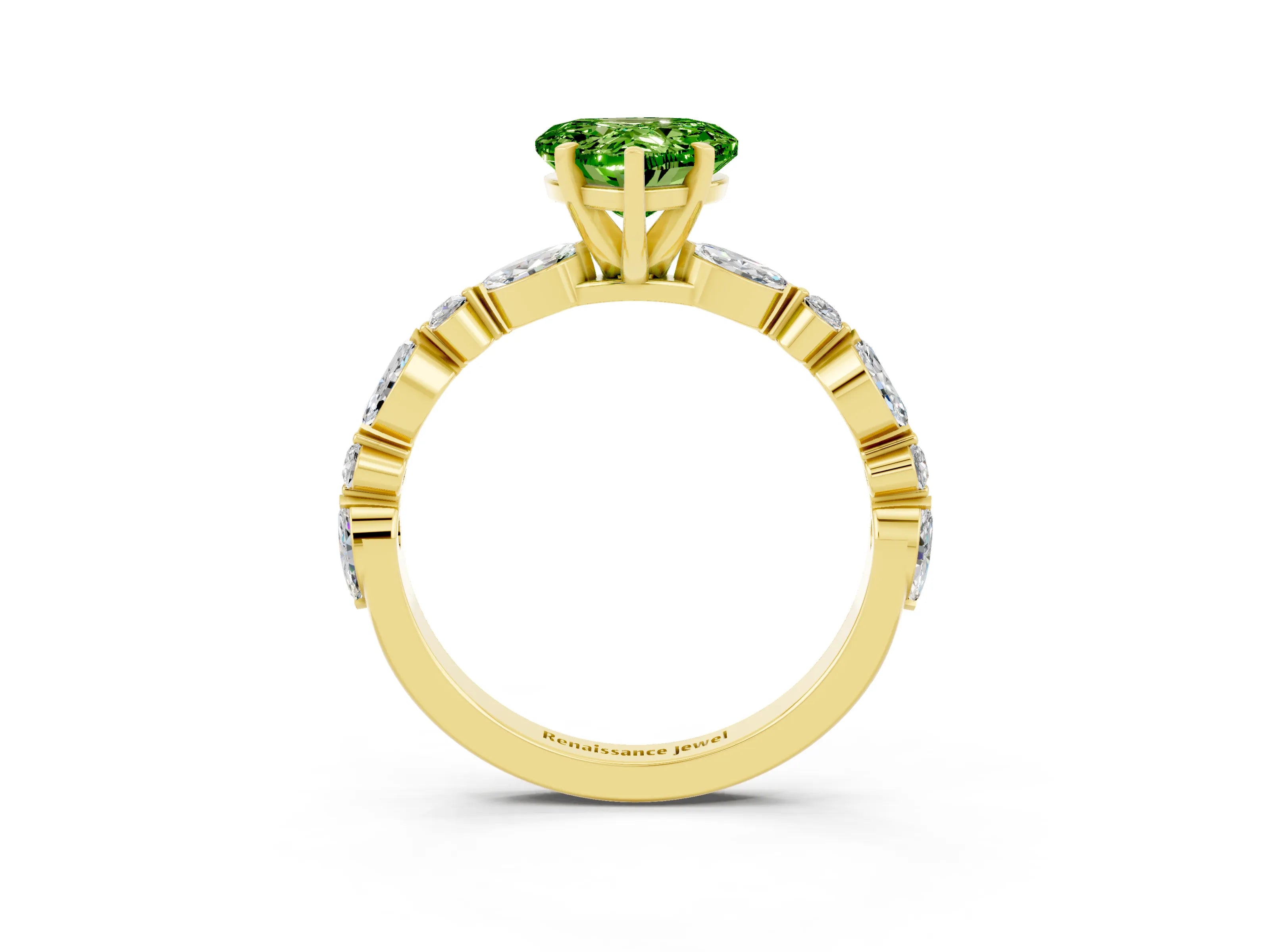 Yellow gold Heart Cut Peridot Solitaire with Side Stones on a Pavé Band and Four-Prong Setting_3