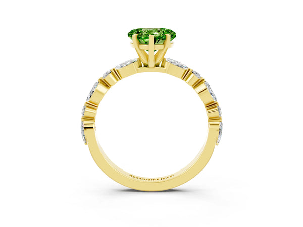 Yellow gold Heart Cut Peridot Ring with Marquise and Round  Side Stones and Four-Prong Setting